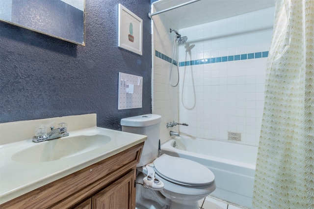 full bathroom with vanity, toilet, and shower / bath combo with shower curtain