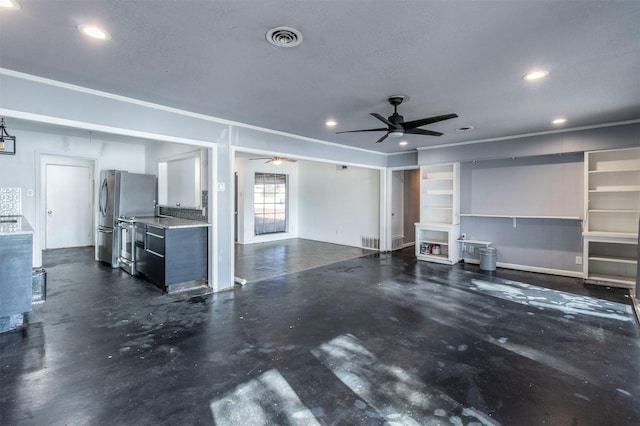 unfurnished living room featuring crown molding, built in features, ceiling fan, and a textured ceiling