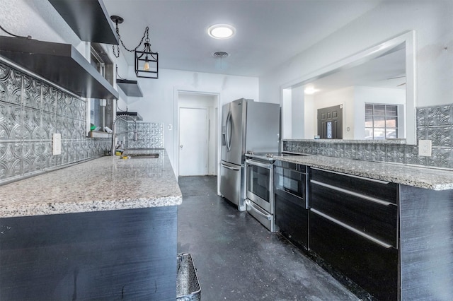 kitchen featuring backsplash, stainless steel appliances, light stone counters, and sink