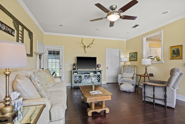 living room with ceiling fan and crown molding