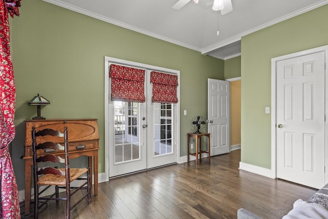 sitting room featuring dark hardwood / wood-style flooring, ceiling fan, french doors, and ornamental molding