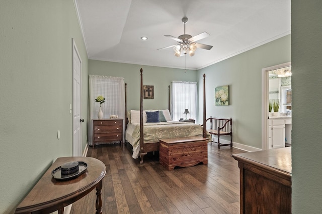 bedroom with ensuite bathroom, ceiling fan, ornamental molding, and dark hardwood / wood-style floors