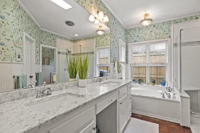 bathroom with tile patterned floors, vanity, plus walk in shower, and ornamental molding