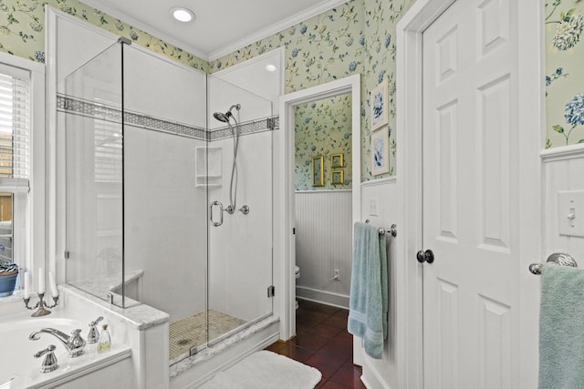 bathroom featuring plus walk in shower and crown molding