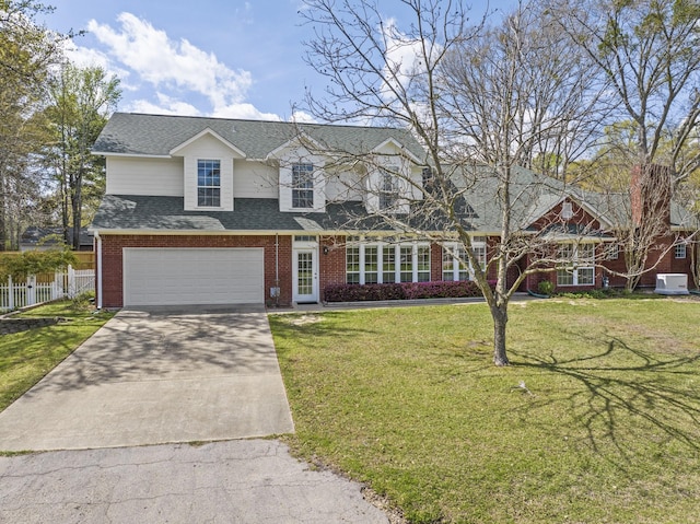 cape cod-style house with a front yard, a garage, and central air condition unit