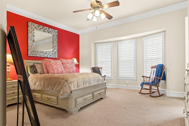 bedroom with ceiling fan, crown molding, and light carpet