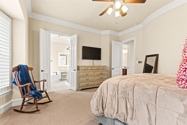 carpeted bedroom with ceiling fan and ornamental molding