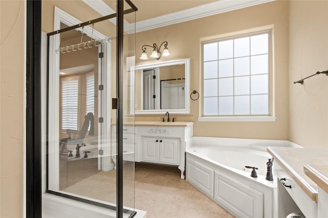 bathroom featuring vanity, crown molding, tile patterned flooring, independent shower and bath, and plenty of natural light