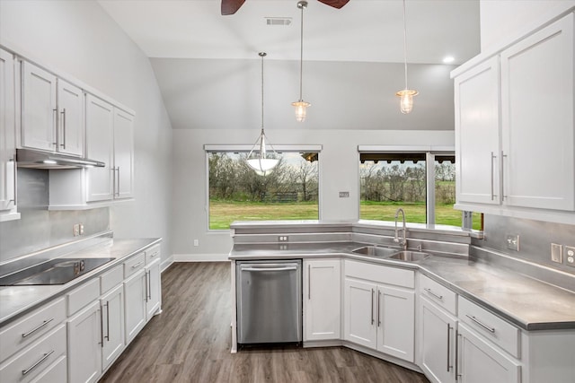 kitchen featuring white cabinets, a sink, stainless steel dishwasher, and black electric cooktop