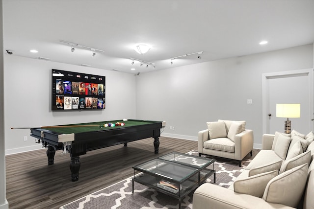 game room featuring rail lighting, baseboards, wood finished floors, and recessed lighting