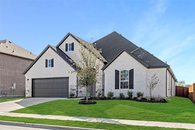 french country inspired facade with a garage and a front lawn