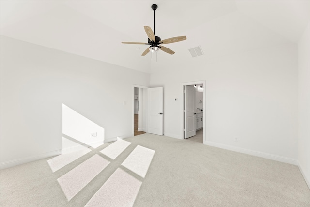 interior space with high vaulted ceiling and ceiling fan