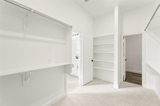 spacious closet featuring light colored carpet