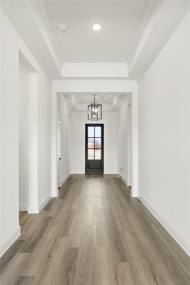 entrance foyer featuring a tray ceiling, hardwood / wood-style flooring, crown molding, and a notable chandelier