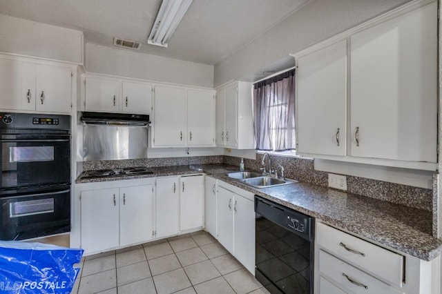 kitchen with light tile patterned floors, sink, white cabinetry, and black appliances