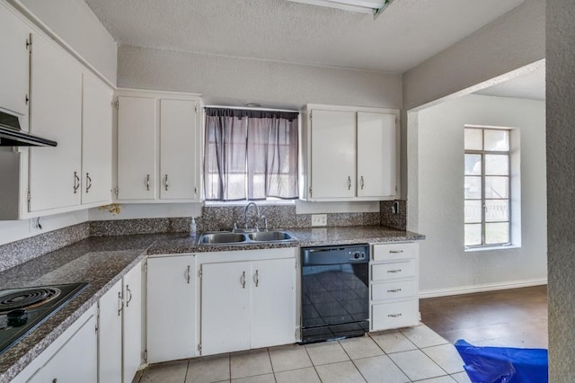 kitchen featuring black appliances, white cabinets, sink, and a textured ceiling