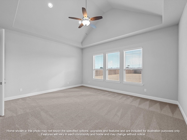 carpeted empty room with high vaulted ceiling and ceiling fan