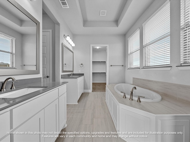 bathroom featuring vanity, a tub to relax in, a tray ceiling, and a wealth of natural light