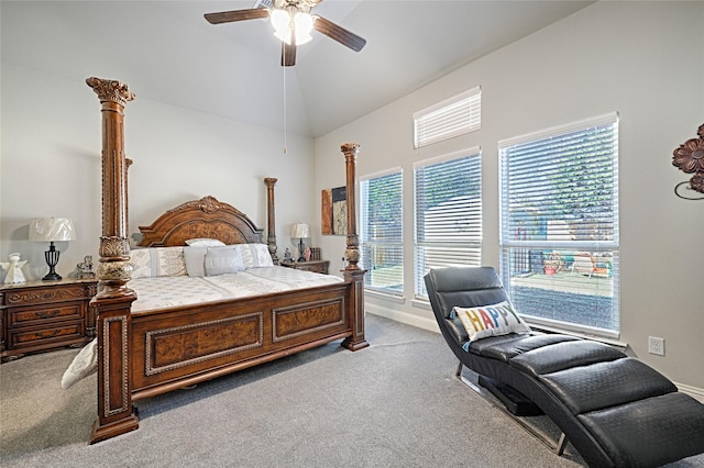 carpeted bedroom with ceiling fan and lofted ceiling