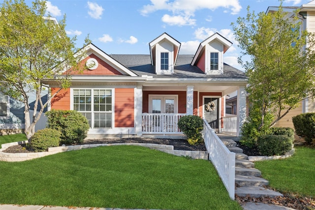 view of front of home featuring a front lawn and covered porch