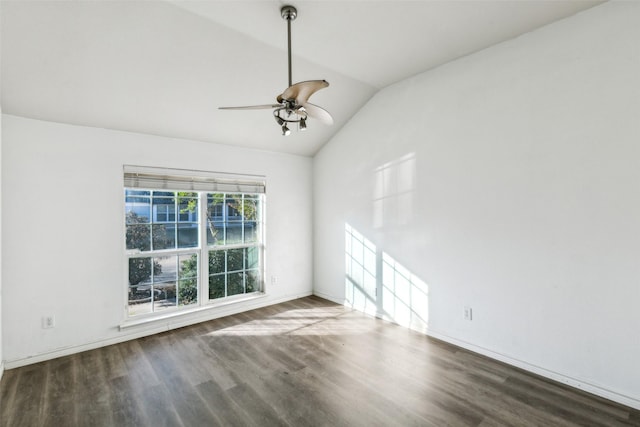 unfurnished room with ceiling fan, wood-type flooring, and lofted ceiling