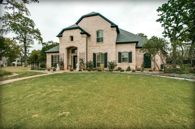 1218 Hunters Haven Dr, Kennedale, TX 76060 - french country inspired facade featuring brick siding, a front yard, and roof with shingles