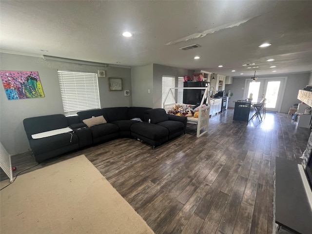 living room with dark hardwood / wood-style flooring