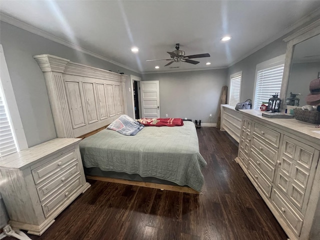 bedroom with ornamental molding, ceiling fan, and dark hardwood / wood-style flooring