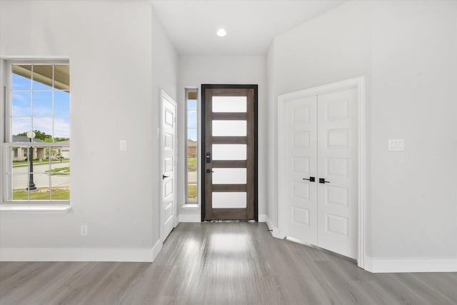 foyer entrance with light wood-type flooring and plenty of natural light