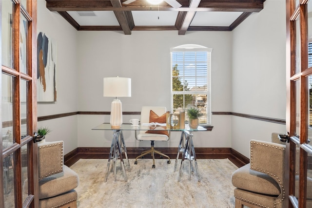 home office with hardwood / wood-style floors, beam ceiling, french doors, and coffered ceiling