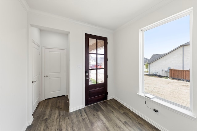 foyer entrance featuring dark wood-type flooring and ornamental molding