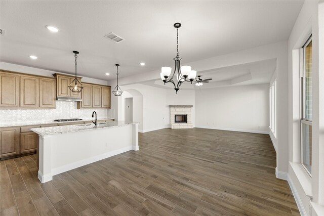 kitchen with light stone countertops, ceiling fan with notable chandelier, stainless steel appliances, sink, and an island with sink