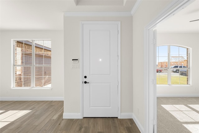 entrance foyer with crown molding and light wood-type flooring