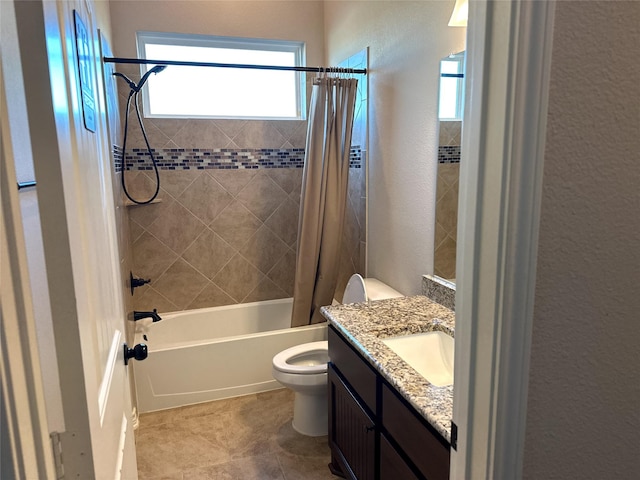 full bathroom with shower / tub combo with curtain, vanity, toilet, and tile patterned flooring