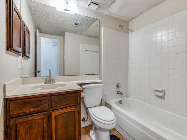 full bath featuring tile patterned flooring, toilet, visible vents, and a textured ceiling