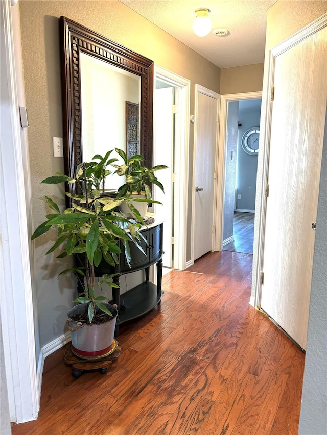 hallway with a textured ceiling and hardwood / wood-style flooring