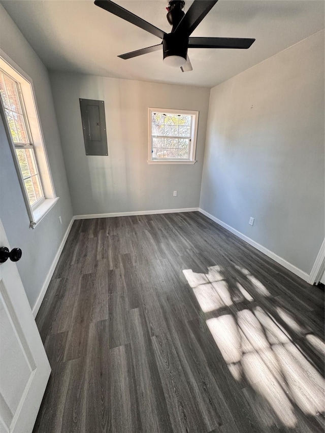 spare room with ceiling fan, electric panel, and dark hardwood / wood-style flooring