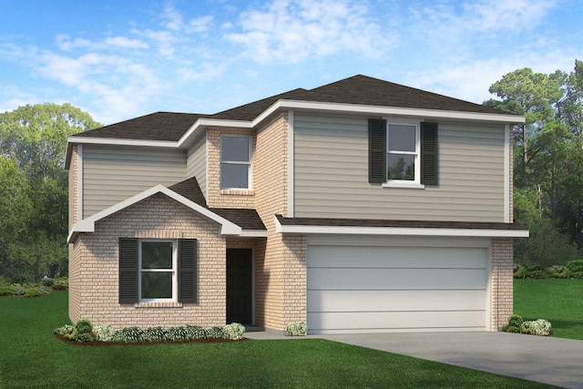 view of front of property with a front yard and a garage