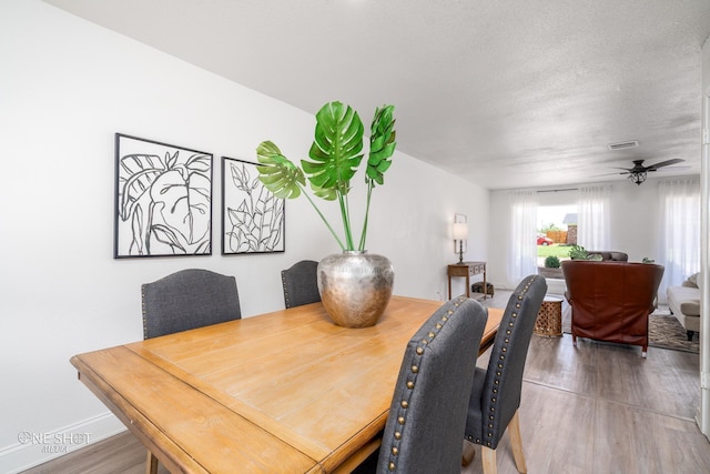 dining area featuring ceiling fan, wood-type flooring, and a textured ceiling