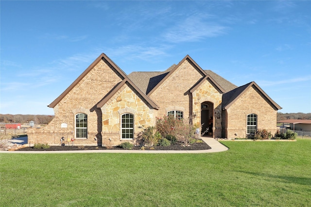 french country style house featuring a front yard