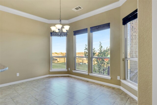 unfurnished dining area featuring ornamental molding and a chandelier