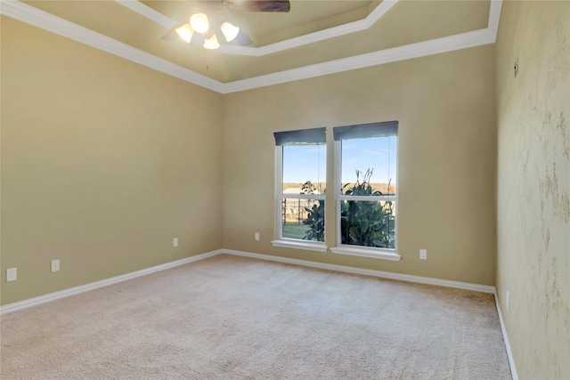 empty room with crown molding, carpet flooring, ceiling fan, and a tray ceiling