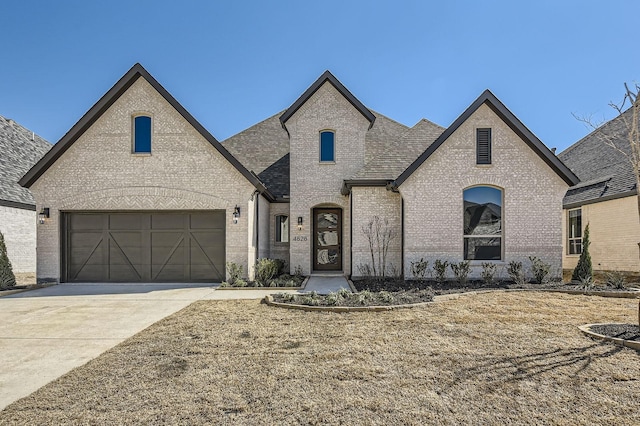 french country style house featuring brick siding, an attached garage, concrete driveway, and a shingled roof