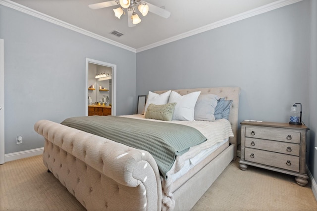 bedroom featuring ensuite bath, ceiling fan, light carpet, and ornamental molding