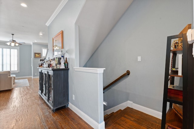 stairs featuring hardwood / wood-style floors, ceiling fan, and ornamental molding