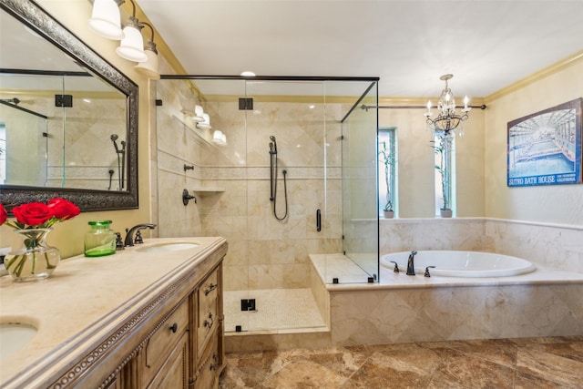 bathroom featuring ornamental molding, separate shower and tub, and vanity