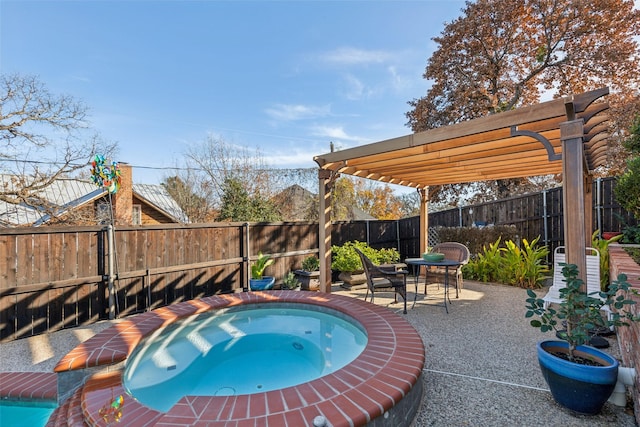 view of swimming pool with an in ground hot tub, a pergola, and a patio