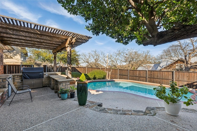 view of swimming pool with area for grilling, a pergola, and a patio area