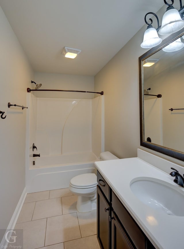 bathroom with visible vents, toilet, tile patterned flooring, bathtub / shower combination, and vanity