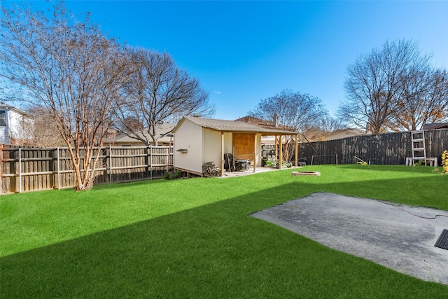 view of yard with a patio and a storage unit